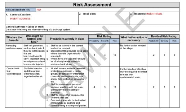 Risk Assessment & Method Statement for Cleaning/Video Recording of Drain