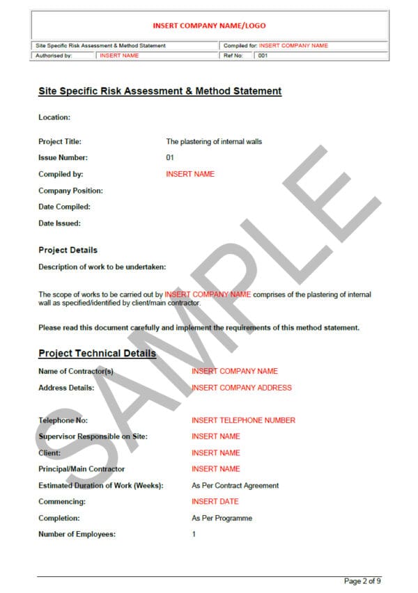 Risk Assessment and Method Statement for Plastering