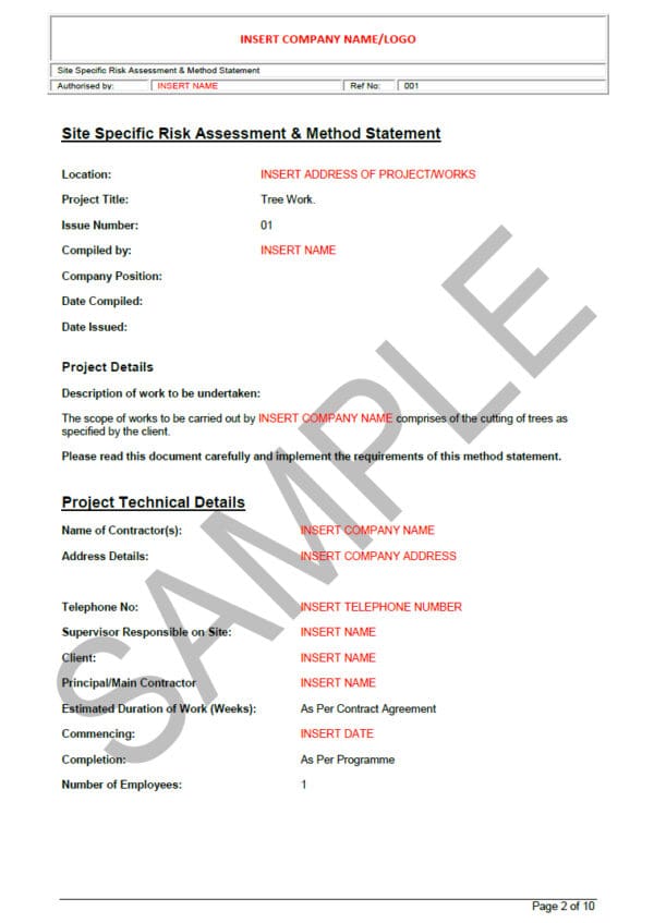 Risk Assessment & Method Statement for Tree Work