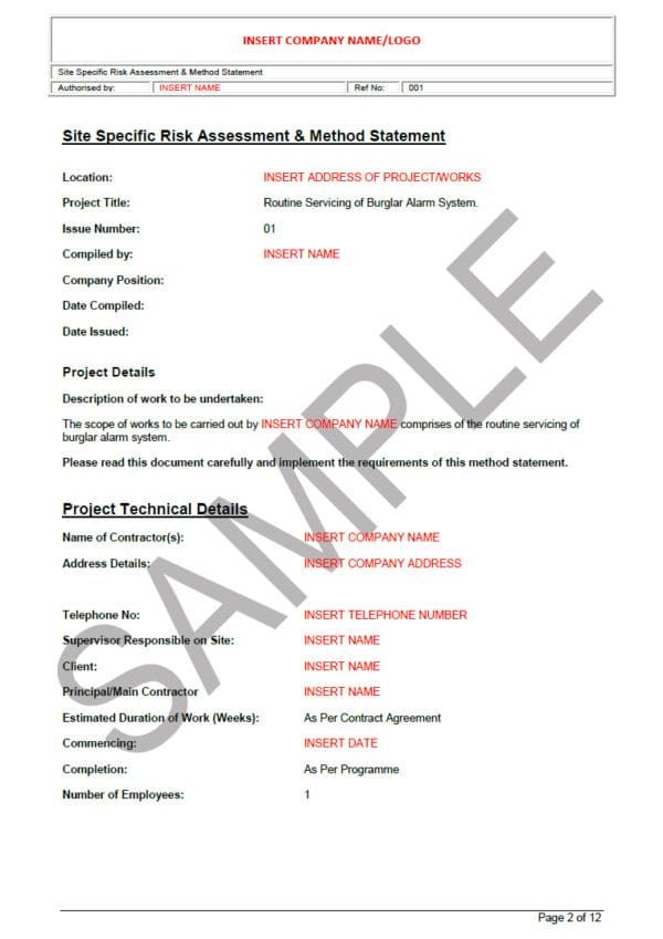 Risk Assessment & Method Statement for Routine Servicing of Burglar Alarm Systems.