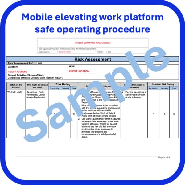 Mobile elevating work platforms safe operating procedure risk assessment