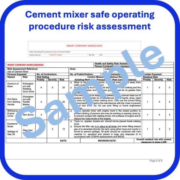 Cement mixer safe operating procedure risk assessment