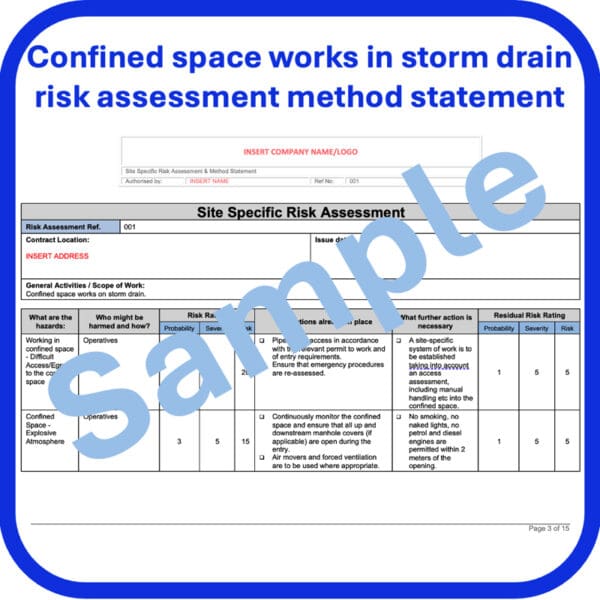 Confined space works in storm drain risk assessment method statement