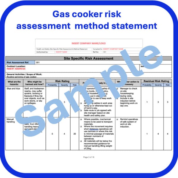 Gas cooker service risk assessment method statement