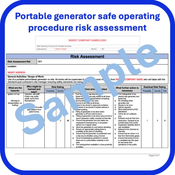 Portable generator safe operating procedure risk assessment