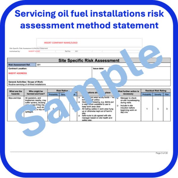 Servicing of oil fired fuel installations risk assessment method statement