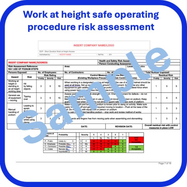 Work at height safe operating procedure risk assessment