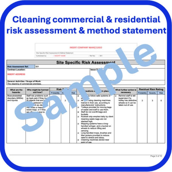 Cleaning commercial residential premises risk assessment method statement