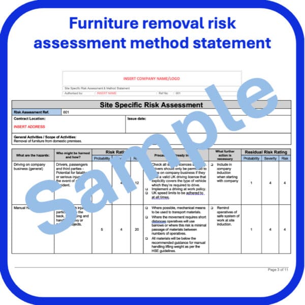 Furniture removal risk assessment method statement