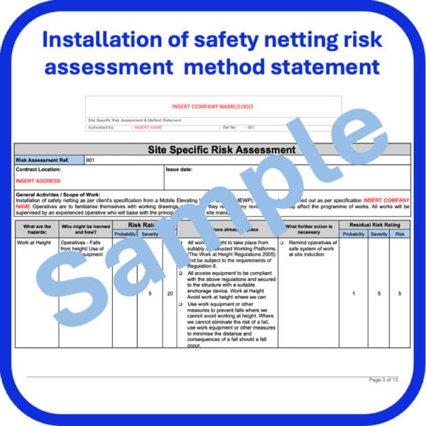 Installation of safety netting risk assessment method statement