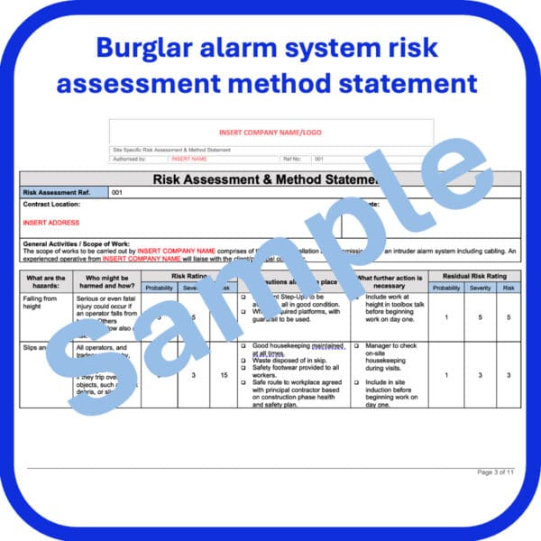 Burglar alarm system risk assessment method statement