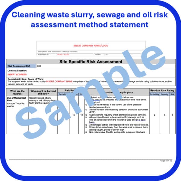 Clean waste slurry sewage oil risk assessment method statement