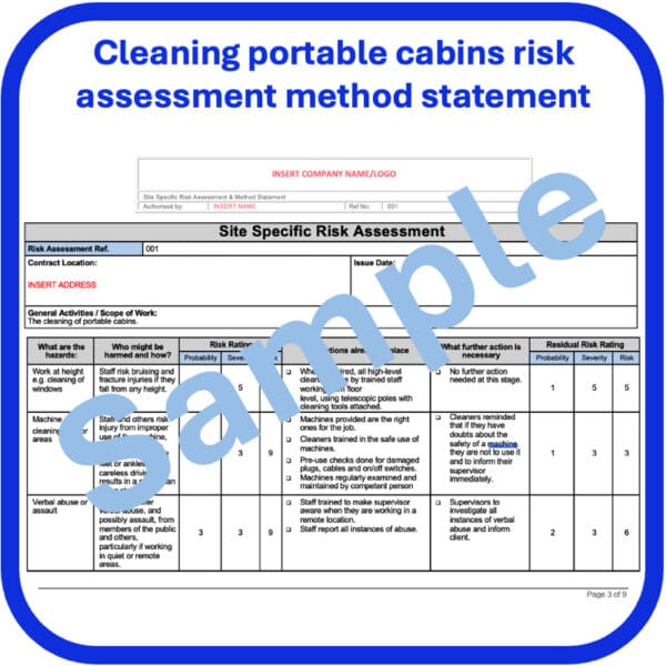 Cleaning portable cabins risk assessment method statement