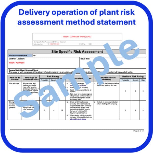 Delivery operation plant risk assessment method statement