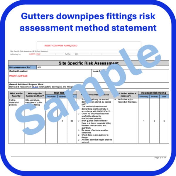 Gutters downpipes fittings risk assessment method statement