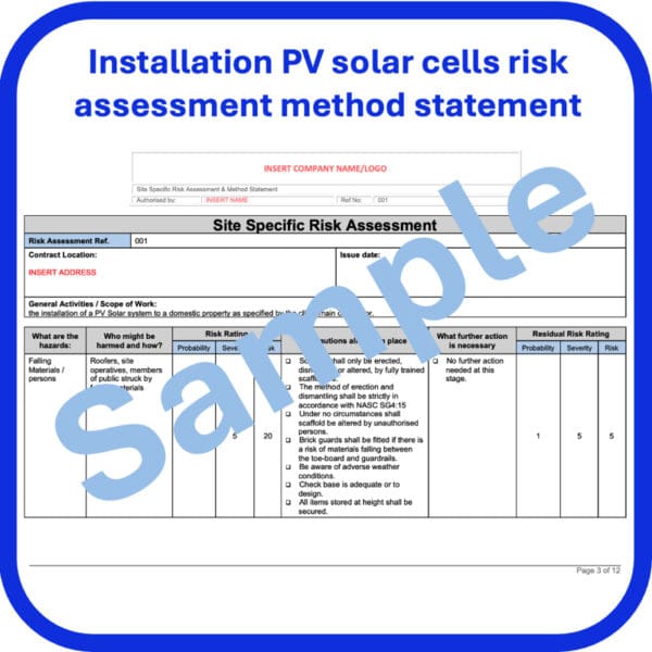 Installation PV solar cells risk assessment method statement