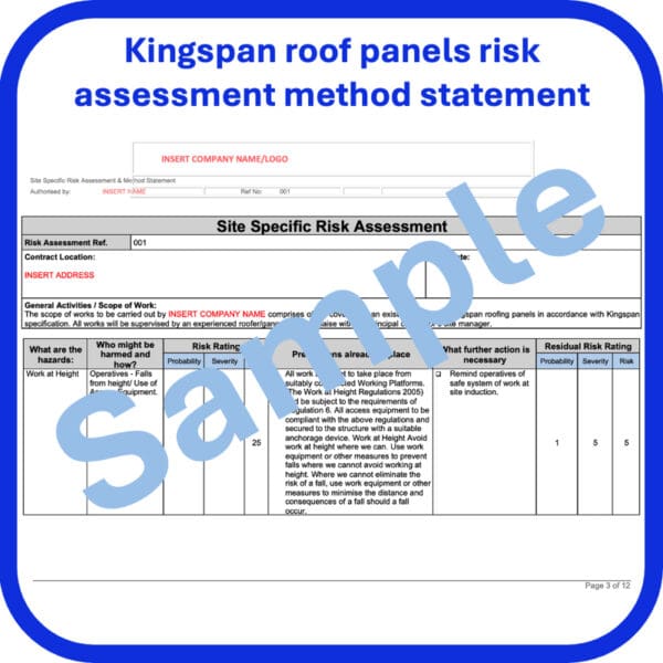 Kingspan roof panels risk assessment method statement