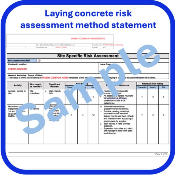 Laying concrete risk assessment method statement