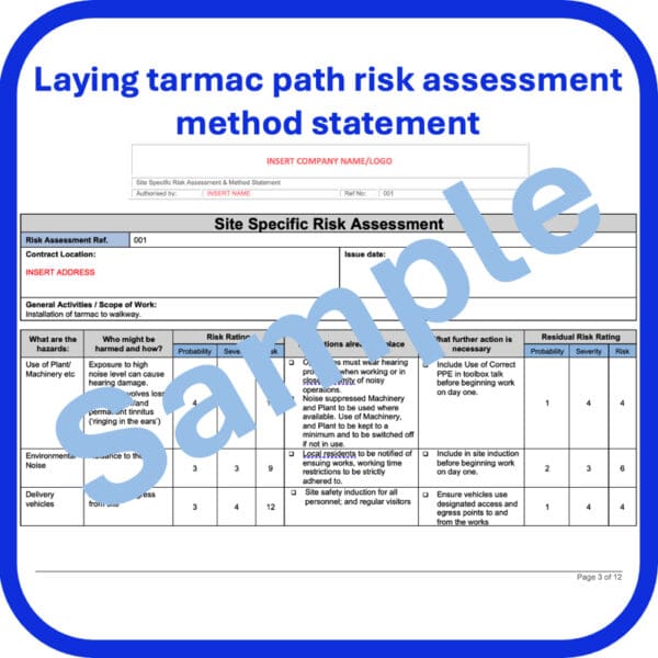 Laying tarmac path risk assessment method statement