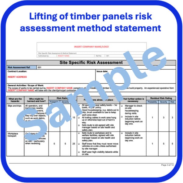 Lifting timber panels risk assessment method statement