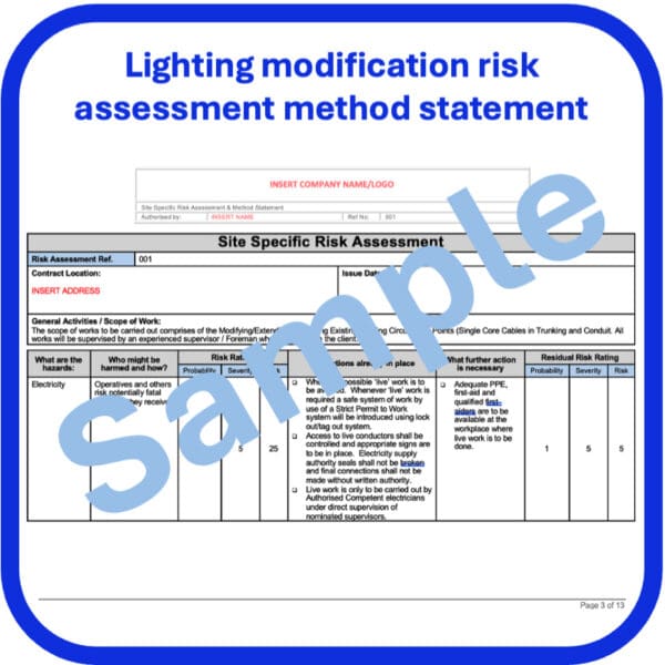 Lighting modification risk assessment method statement