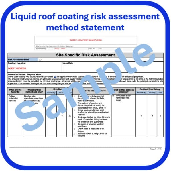 Liquid coating roof covering risk assessment method statement statement