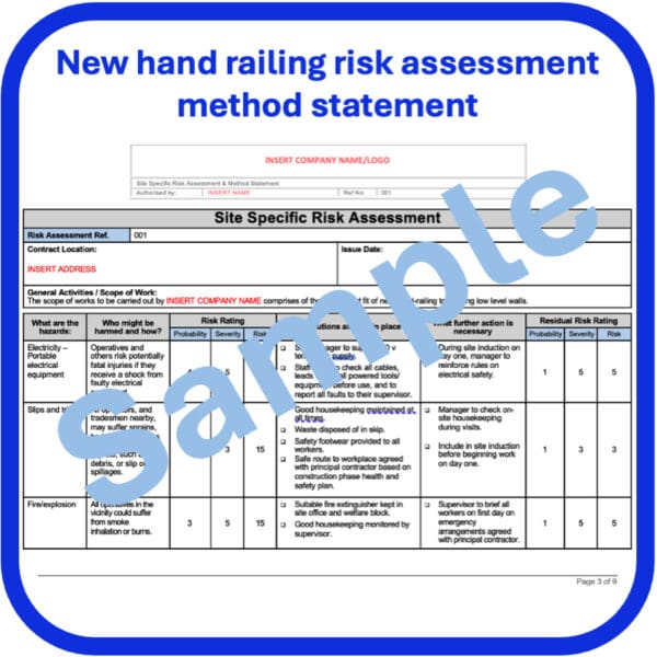 New hand railing risk assessment method statement