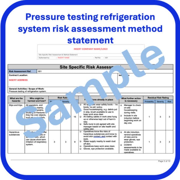 Pressure testing refrigeration system risk assessment method statement