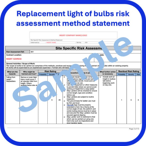 Replacement of light bulbs risk assessment method statement