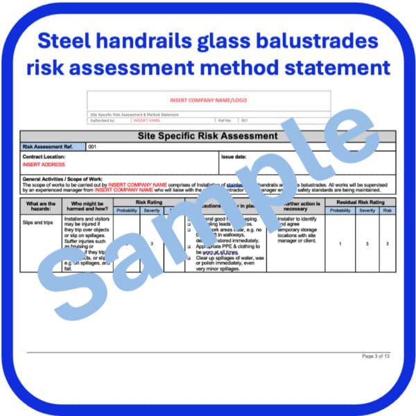 Steel handrails glass balustrades risk assessment method statement