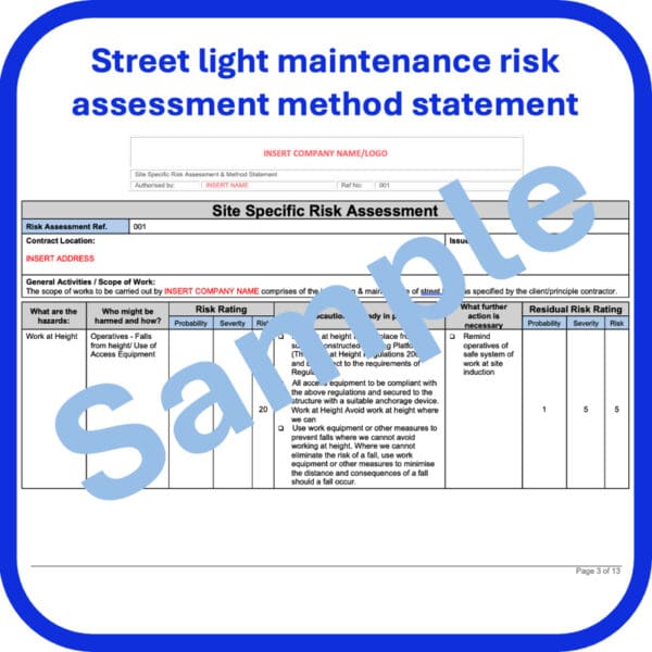 Street light maintenance risk assessment method statement