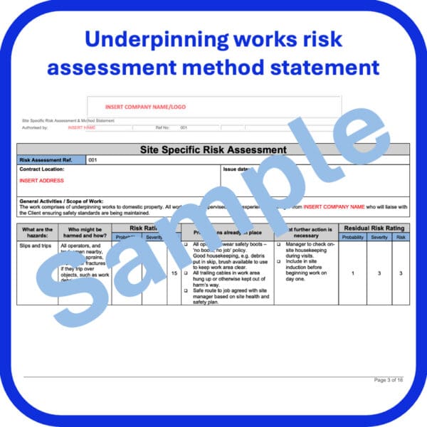 Underpinning works risk assessment method statement