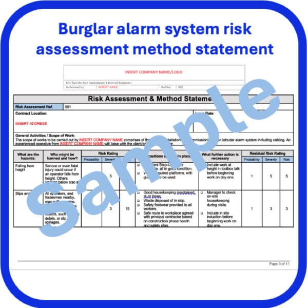 Burglar alarm risk assessment method statement