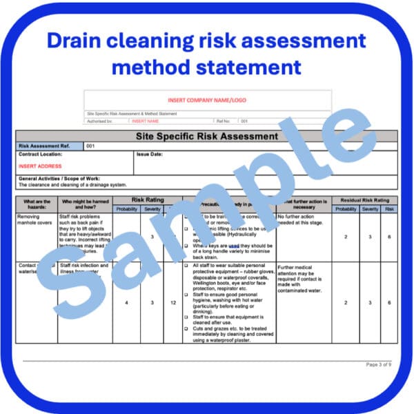 Drain cleaning risk assessment method statement