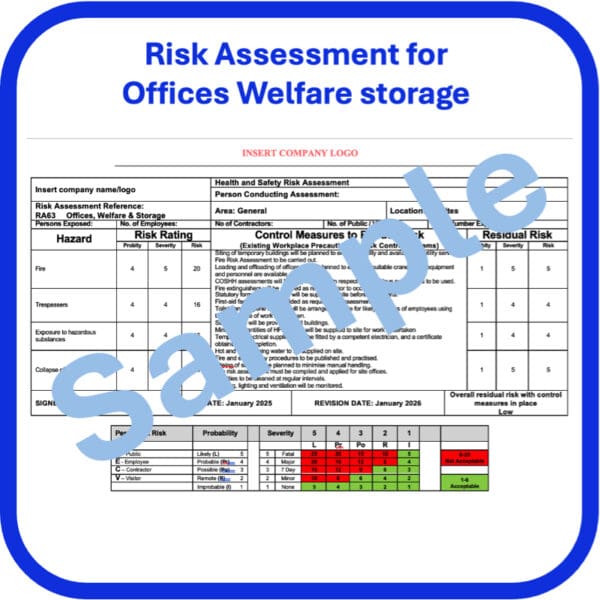 Risk Assessment for Offices Welfare storage