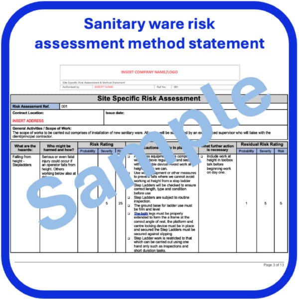 Sanitary ware risk assessment method statement